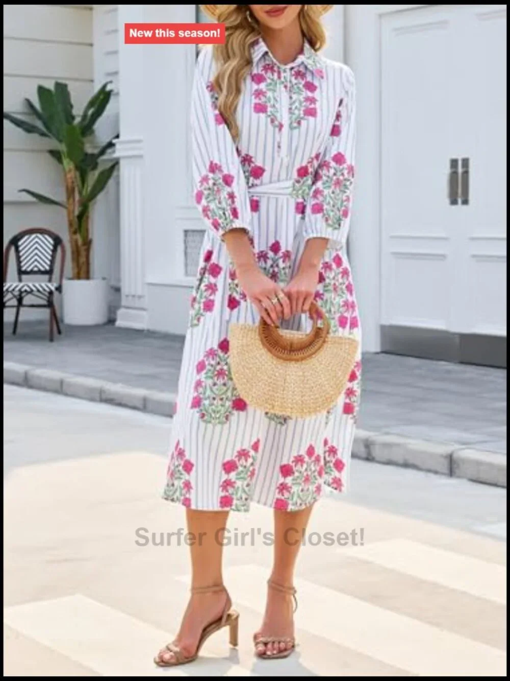 Women's Floral Midi Shirt Dress Casual Button Down A-Line 3/4 Puff Sleeve